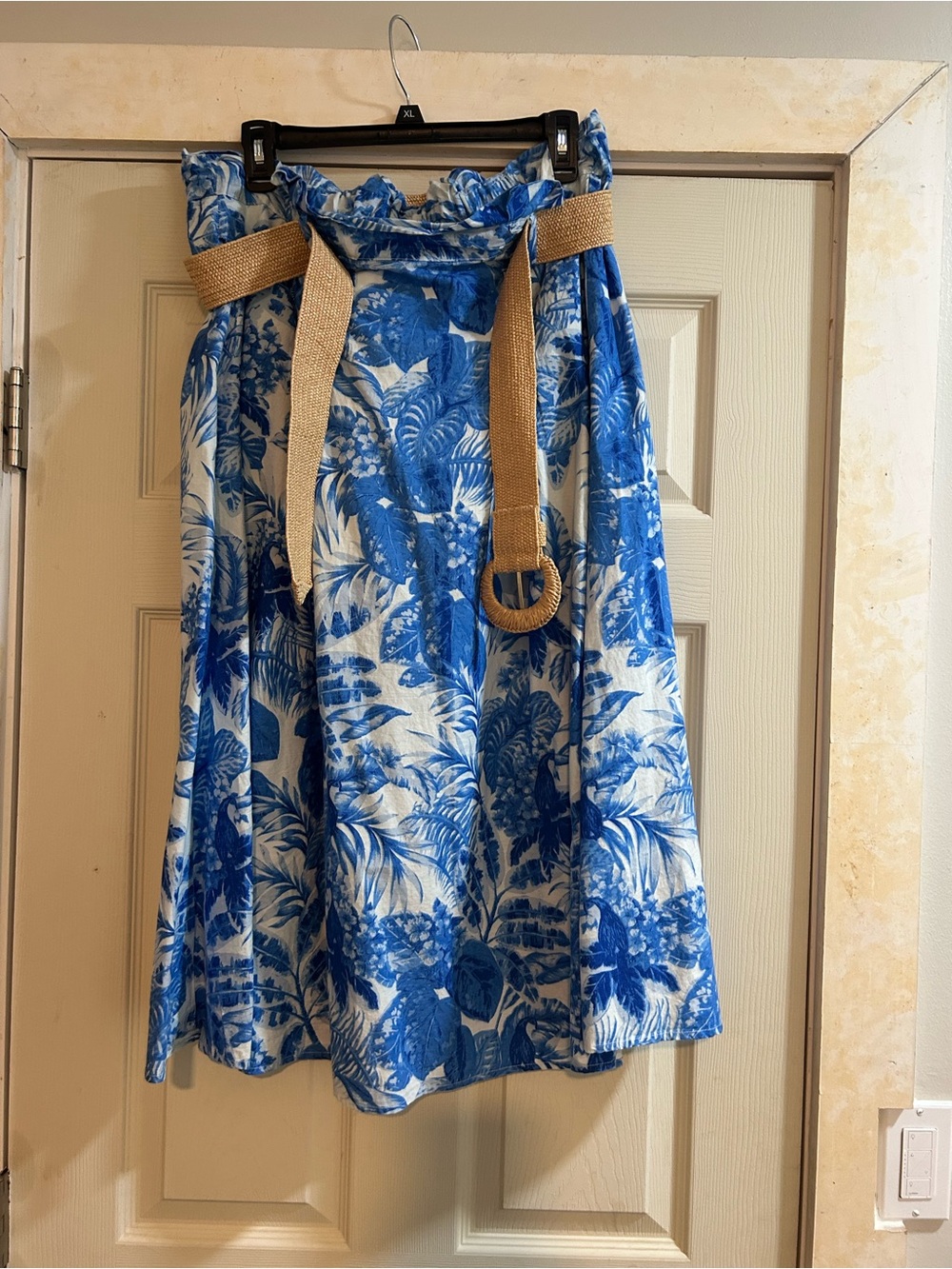 Blue & White Tropical Print Midi Skirt
